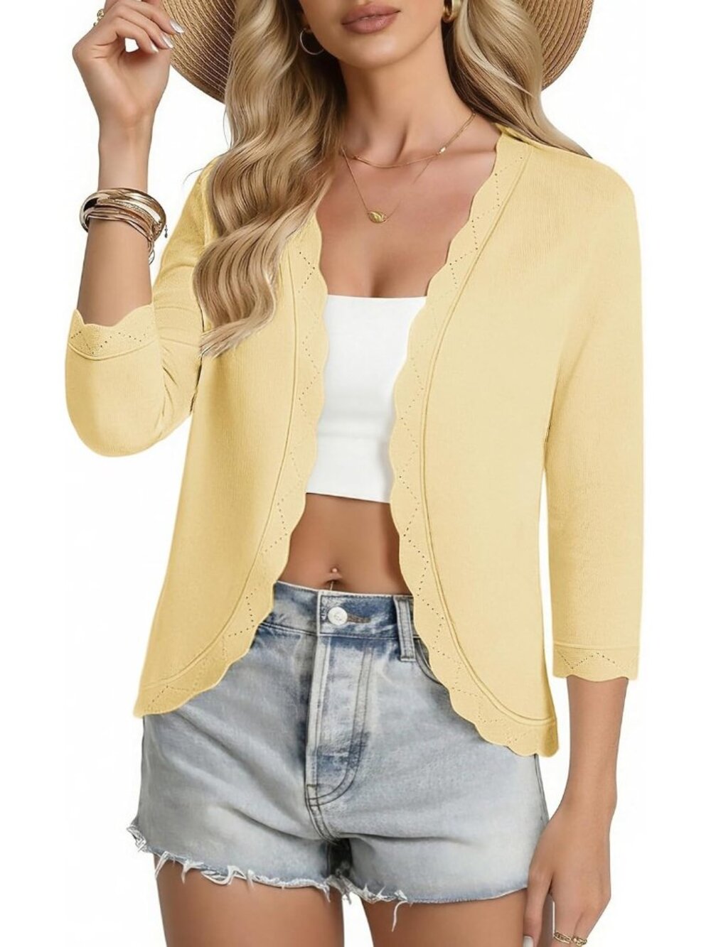🆕Women's Yellow Lightweight 3/4 Sleeve Cropped Cardigan Scalloped Shrug